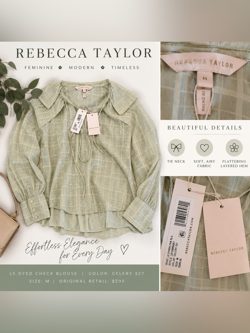 #0393 NWT Rebecca Taylor Celery Check Tie Neck Blouse Size M $295